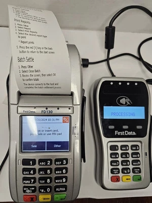 First Data FD-130 DUO Credit Card Machine with FD-35 EMV NFC PIN pad - Image 1 of 2