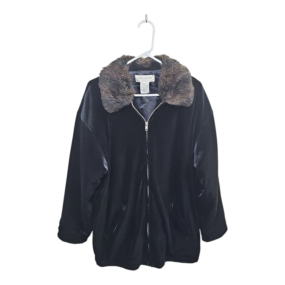 Jaqueta Casaco Vintage Jones New York Gola de Pele Veludo Preto Zíper Completo Tamanho Grande - Imagem 1 de 4