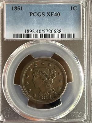 1851 Braided Hair Copper Large Cent 1C PCGS XF 40 - Image 1 of 4