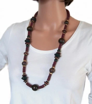 Kette Perlenkette Holzperlen Perlen weinrot braun Damen Halskette Schmuck K640 - Bild 1 von 4