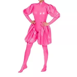 Traje de gato de látex rosa con mangas abullonadas de linterna y piernas mono de goma body - Imagen 1 de 5