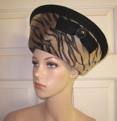 Sombrero de fieltro de lana negro a rayas de tigre Whitthall & Shon ribete de terciopelo y lazo 22,5" EE. UU. Foto 1 de 4