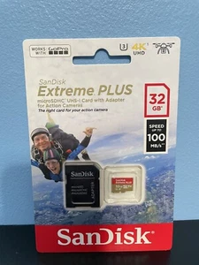 NEW SanDisk Extreme Plus 32GB microSDHC UHS-I Card w/Adapter For Action Cameras - Picture 1 of 2