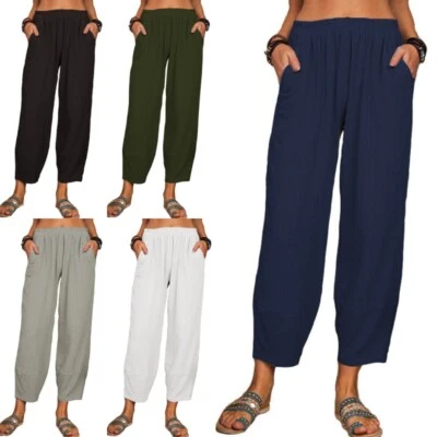 UK Summer Womens Ladies Cotton Linen Baggy Casual Harem Pants Trousers Plus Size