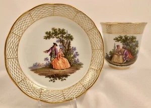 Rare Antique Meissen Scenic Coffee Cup & Saucer, Watteau Scenes, 18th C (B) - Picture 1 of 9