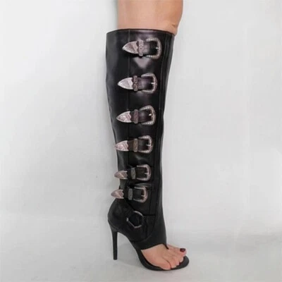 Womens PU Leather Buckle Decor High Heels Opened Toe Party Sexy Knee High Boots - Image 1 of 4