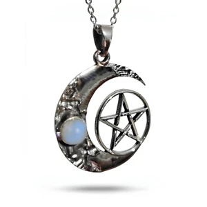 Ciondolo pietra di luna pentacolo mezzaluna catena 18" argento sterling 925 c... - Foto 1 di 12