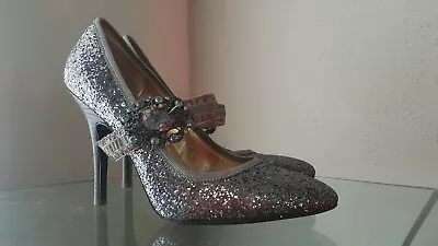 Hale Bob Blue Glitter Floral Ribbon Rhinestone Buckle Mary Jane Stacked Heels - Image 1 of 4