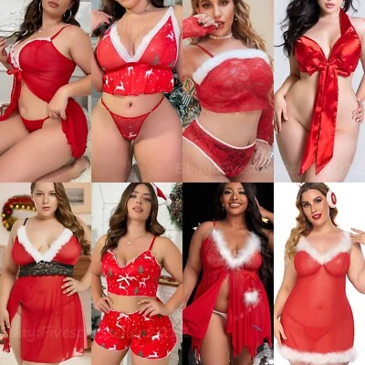 Conjunto de disfraz de babydoll de encaje sexy de Navidad talla grande para mujer Santa Foto 1 de 4