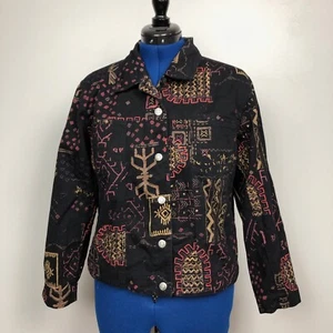 Chico's Design Damengröße 2 Large Perlen schwarz Druck Jeansjacke 100 % Baumwolle - Bild 1 von 10
