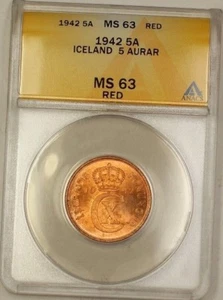 1942 Iceland 5A Five Aurar Copper Coin ANACS MS-63 Red (B) - Picture 1 of 2