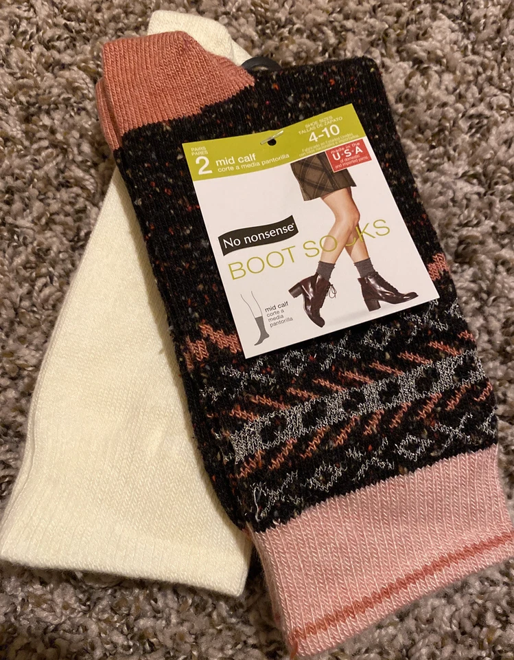 2 Pair No Nonsense Mid Calf Lurex Pattern Crew Boot Socks Size 4-10 Multi Color - Image 1 of 3