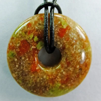 Autumn Spice Jasper Lg 2" Polished Stone Donut Black Leather Cord Necklace #29 - Image 1 of 3