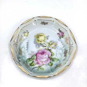 Antique P.K. Silesia Porcelain Plate Double Handled Gold Rim Floral Decagon - Picture 1 of 11