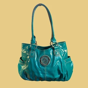 Turquoise Patent Vegan Leather Shoulder Bag With Embossed Medallion Design & Dua - Picture 1 of 11