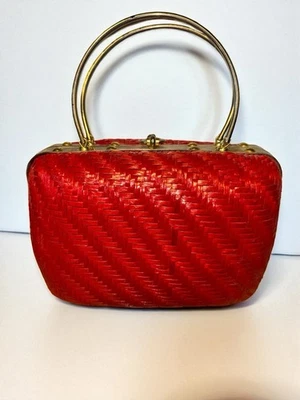 Vintage Forsum Woven Bag Natural Wicker Handbag Italy Red Small Brass Handle - Image 1 of 4