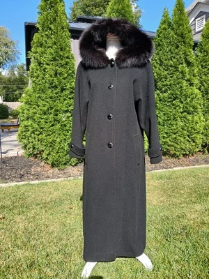 Casaco longo de lã feminino Fleet Street vintage acabamento de pele de coelho preto EUA 8P - Imagem 1 de 4