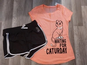NWT Justice Girls Outfit Neon Coral Caturday Top/Shorts Size 8 10 12 (100) - Picture 1 of 2