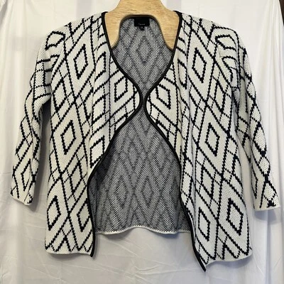 Cárdigan suéter Lumiere para mujer talla mediana azul marfil diamante geo patrón Foto 1 de 4