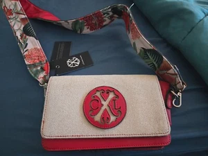 CXL by Christian Lacroix RED LEATHER CANVAS Tropical Print Bag NWT SHIPPING FREE - Picture 1 of 6