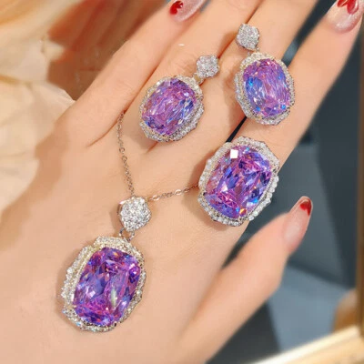 Juego de 3 piezas de aretes collar plata de lujo con gemas de amatista púrpura corte nido de pájaro Foto 1 de 4