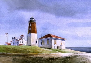 Faro Point Judith, Bahía Narragansett, RI. Tarjetas de notas de acuarela de James Mann - Imagen 1 de 2