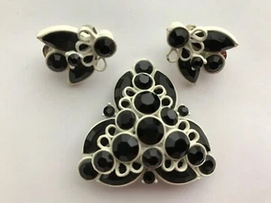 Vintage Antique Brooch & Earrings Faceted White & Black From High End Old Estate - Picture 1 of 4