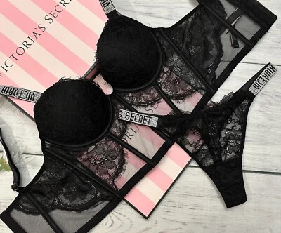 Victorias Secret Shine Strap Push Up Bra Top Longline Corset Thong Set 32C Black - Image 1 of 3