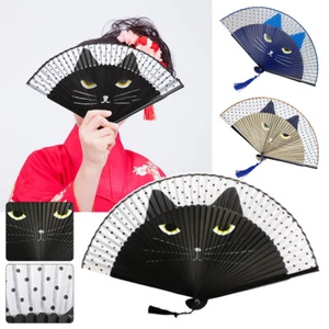 Cartoon Cat Cloth Fans Japan Style Performance Handheld Party Folding Fans Gift - Picture 1 of 21