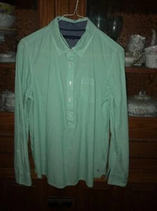 Vtg Tommy Hilfiger Womens Cotton Green/White Pin Striped Henley Blouse M NWOT - Picture 1 of 9