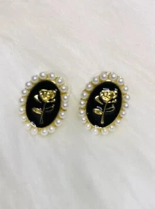 Rose Flower Stud Earrings Black Faux Pearl women fashion jewelry New gift - Picture 1 of 3
