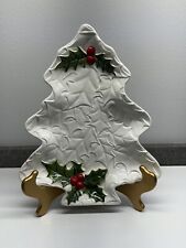 Vintage Lefton Holly Berry 12” White Christmas Tree Serving Dish 1972-73  #6071