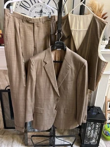 BRIONI men's 3 pc wool silk suit - light brown plaid - 44L Athletic fit - Picture 1 of 14