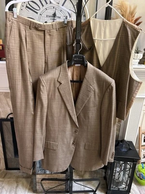 BRIONI men's 3 pc wool silk suit - light brown plaid - 44L Athletic fit - Image 1 of 4