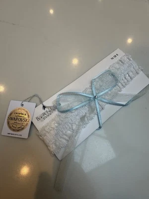 Bianco Brautstrumpfband Elfenbein Spitze mit Swarovski Kristall - Braut Hochzeit Blau Schleife