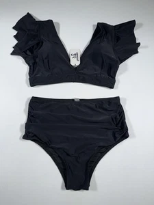 SPORLIKE Damen Rüschen High Waist Badeanzug Zweiteiler Push Up Trop Gr. M schwarz - Bild 1 von 7