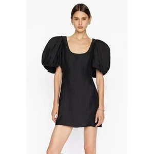 Frame NWT Black Puff Sleeve Scoop Neck Slubbed Poplin Mini Dress Size XS - Picture 1 of 7