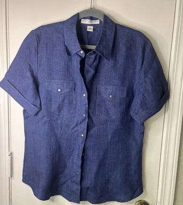 Josephine Chaus Sport Shirt Snap Button 100% Linen Causal Blue Size 12 - Imagem 1 de 4