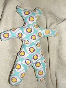 Vintage 1950s-60s Folk Art Hand Made Stuffed "ALIEN" 1950s Aqua Blue Heart Print - Picture 1 of 3