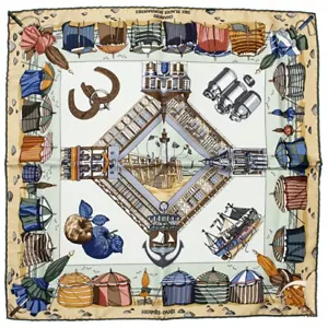 HERMES Scarf Petit Carre 45cm CHARMES DES PLAGES NORMANDES 100% Silk Multi R4012 - Picture 1 of 6