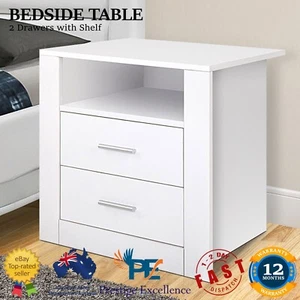 White Bedside Table Wooden Cabinet 2 Drawers Shelf Side Nightstand Unit Storage - Picture 1 of 16