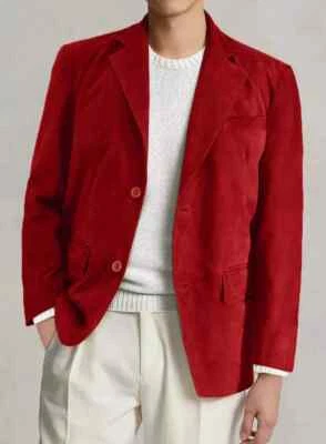 Handmade Men's Blazer Suede Stylish Formal Red Wedding Wear Genuine Lambskin Fit - Image 1 of 4