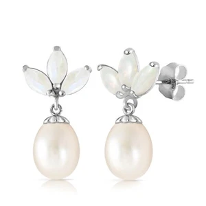 14K. SOLID GOLD DANGLING EARRING WITH PEARLS & OPALS (White Gold) - Picture 1 of 6