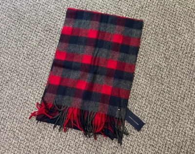 Tommy Hilfiger Hombres Rojo/Gris Bufanda de Lana a Cuadros NUEVO CON ETIQUETA Foto 1 de 4