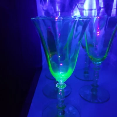 Uranium Wine Glasses Cambridge Gold Krystol 3130 Tall Water Goblet Glow Set of 5 - Image 1 of 4