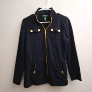 Ralph Lauren Full Zip Cardigan Jacket Womens MED Black 100% Cotton Pockets Gold - Picture 1 of 5