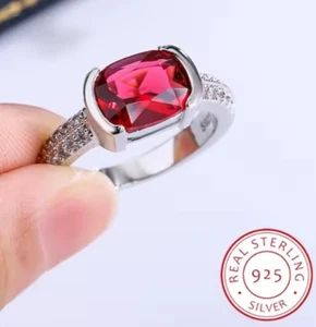 New Genuine Sterling Silver CZ Solitaire Garnet Gemstone Wedding Band Ring Sz 6 - Picture 1 of 24