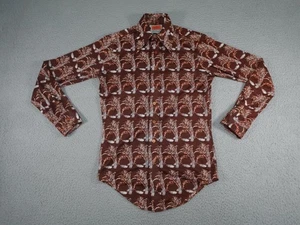 Vintage Disco Shirt Mens Medium Brown Long Sleeve Button Up 70s Preppy Hippie - Picture 1 of 9