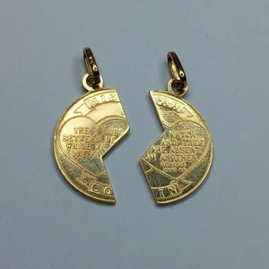 9CT YELLOW GOLD MIZPAH COIN SPLIT PUZZLE 2 PIECE HEART PRAYER PENDANT CHARM - Picture 1 of 17