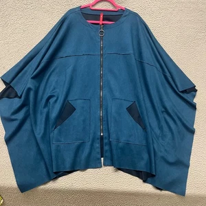IC by Connie K Cape Poncho Womens 3X Teal Blue Faux Suede Full Zip Pockets - Picture 1 of 15
